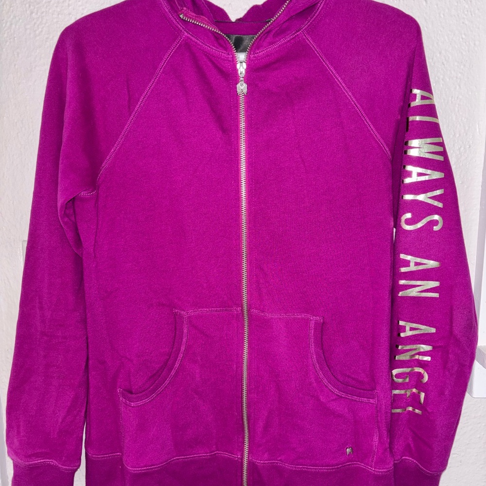 Victoria's Secret Fuchsia Zip-Up Hoodie w/Metallic Sleeve Text & Gold Sequins